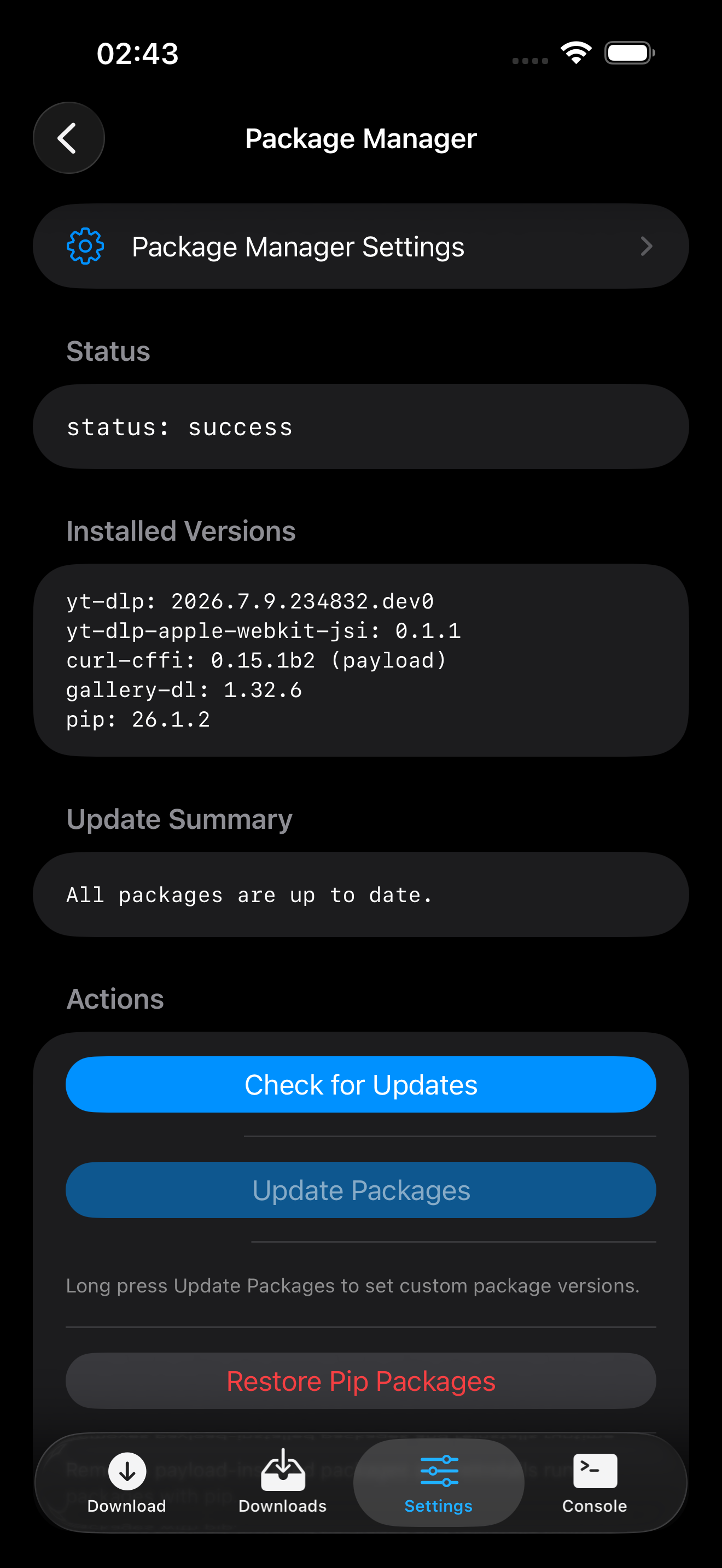 Palladium package manager screen