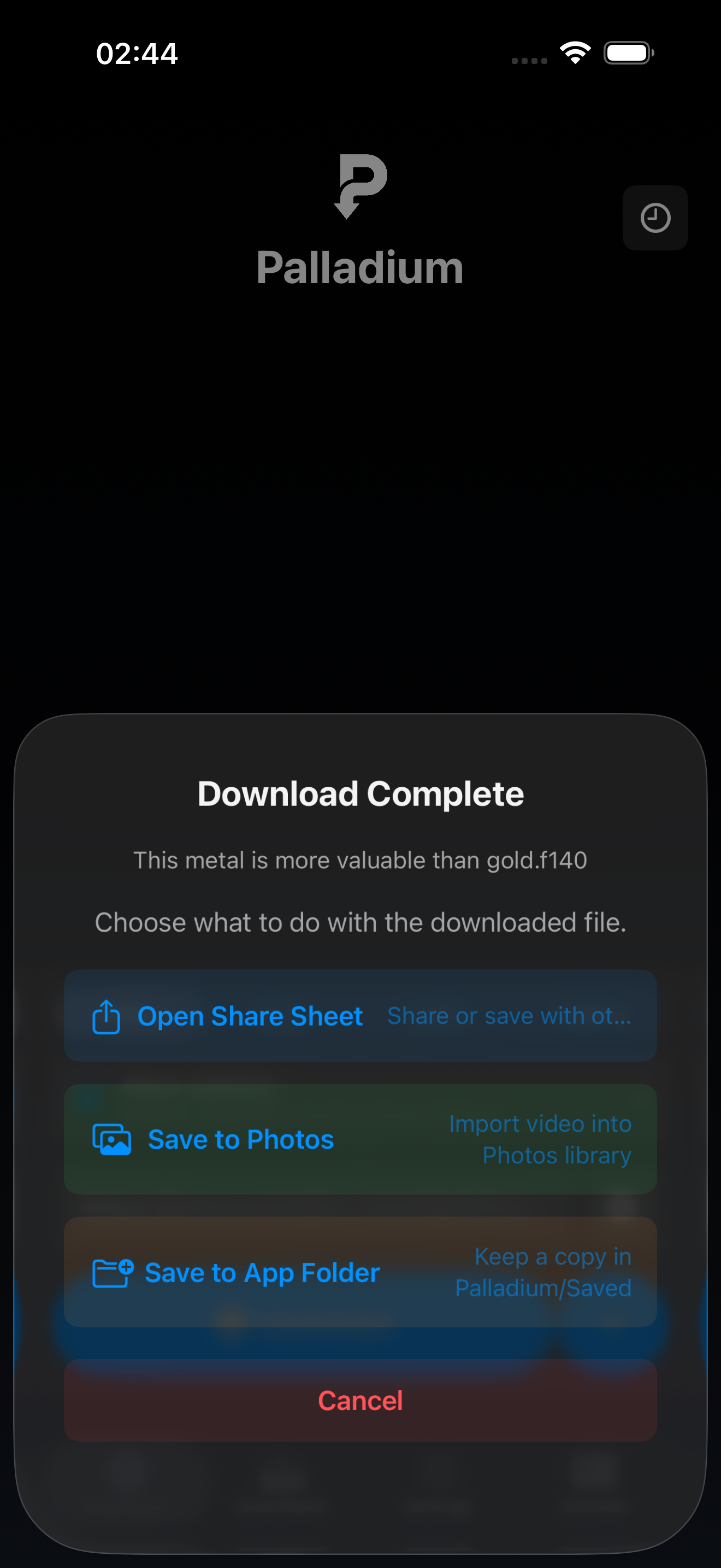Palladium save and download screen